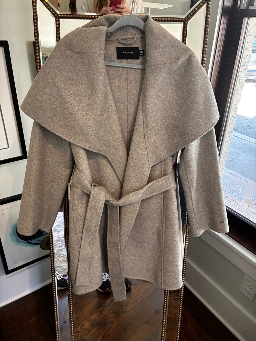 Tahari Taupe Wrap Belted Wool-Blend Coat